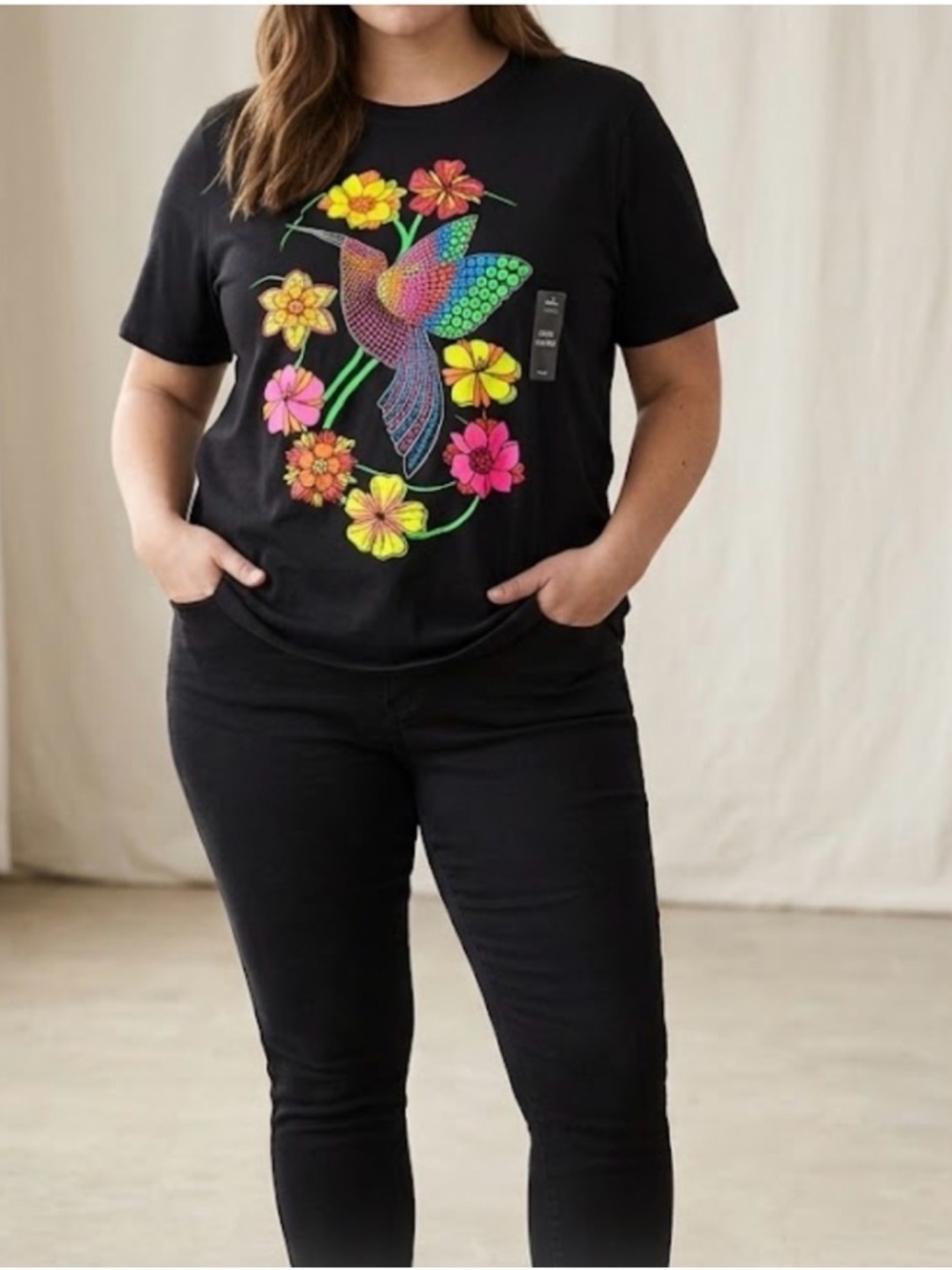Black Short Sleeve Tee with Neon Hummingbird & Floral Print